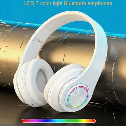 Over Ear Wireless Headphones with Noise Reduction, Mic Deep Bass HiFi Stereo, Foldable Lightweight LED Headset for PC Home Travel Office (White) - color: White