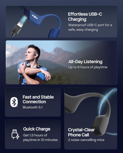 SHOKZ OpenRun Bone Conduction Bluetooth Headphones, Blue, USB-C Charging | Bundle with Sweat Headband；Open ear comfort; Lightweight & Secure fit; IP67 water resistance; 8H battery; Running/Cycling - color: Blue, size: Standard Size+USB-C Charging