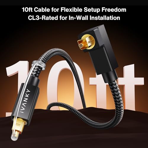 IVANKY Right Angle Optical Audio Cable 10ft, 24K Gold 90° Toslink Digital | 24K Gold-Plated Fiber Optical Audio Cable 90° Lossless Audio S/PDIF Toslink, Soundbar TV PS5 Xbox Home Theater, CL3 Rated - color: Grey, size: 10 ft, style: Right-Angle Cable