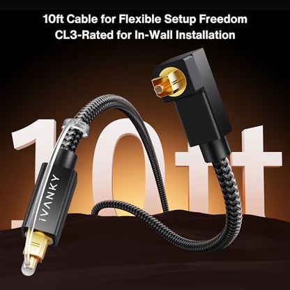 IVANKY Right Angle Optical Audio Cable 10ft, 24K Gold 90° Toslink Digital | 24K Gold-Plated Fiber Optical Audio Cable 90° Lossless Audio S/PDIF Toslink, Soundbar TV PS5 Xbox Home Theater, CL3 Rated - color: Grey, size: 10 ft, style: Right-Angle Cable