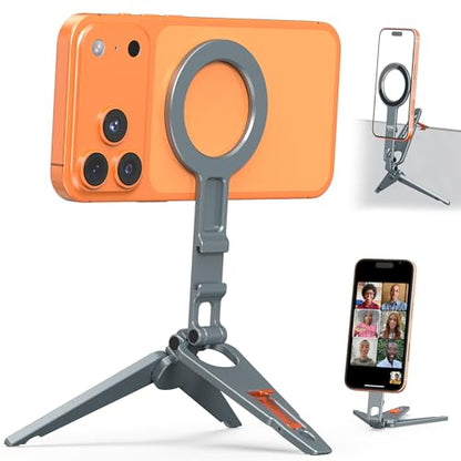 VRIG MG-34 Magnetic Tripod Stand for iPhone, Aluminium Alloy Foldable Phone Stand for Desk/Handheld, 1/4'' Screw Hole, Cold Shoe Mount and Hook, Compatible with iPhone 17 16 15 14 13 12 Series - size: MG-34 Tripod