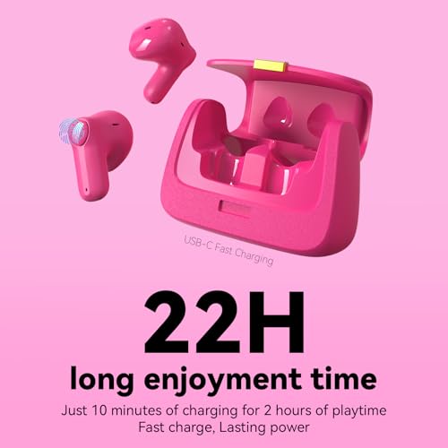 ANCwear Wireless Earbuds with Mini Handbag Case, 22H Playtime, Hot Pink | Bluetooth 5.3, 13mm drivers, touch controls and DIY stickers for music, calls, travel, everyday wear and gifting - color: Rose PU