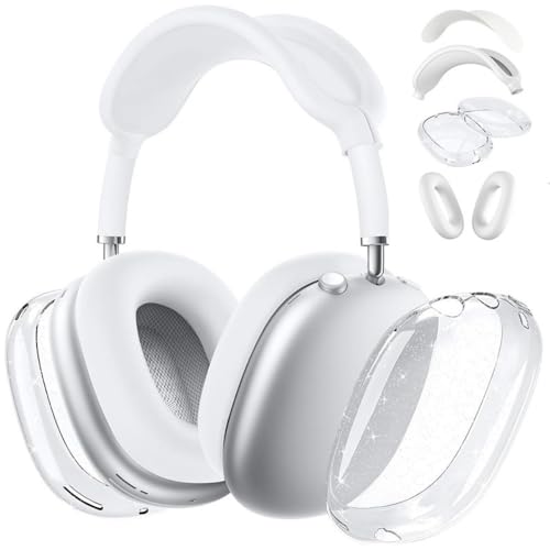 fomissky-sisa 4 in 1 AirPods Max Case Glitter Headphone Covers, White | Clear TPU Ear Cup Covers, Soft Silicone Earpads + Headband Cover Set, Scratch-Proof Protective Headphone Accessory Gift - color: Silver