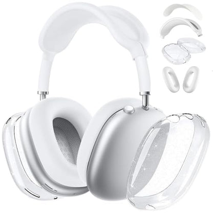 fomissky-sisa 4 in 1 AirPods Max Case Glitter Headphone Covers, White | Clear TPU Ear Cup Covers, Soft Silicone Earpads + Headband Cover Set, Scratch-Proof Protective Headphone Accessory Gift - color: Silver