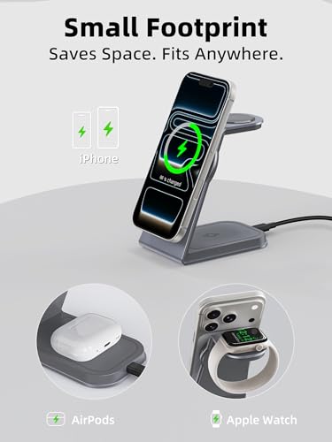 TRIBONE 3 in 1 MagSafe Wireless Charging Station for iPhone Watch AirPods | Qi2 certified 15W fast magnetic charging. For iPhone 17/16/15/14/13/12, AirPods Pro, Apple Watch Ultra.