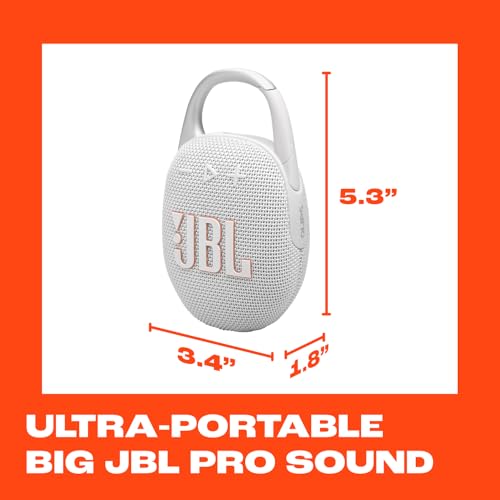 JBL Clip 5 - Ultra-Portable Waterproof Speaker - White | Ultra-portable JBL Pro Sound, Redesigned carabiner, Up to 12 hours of playtime plus 3 hours with Playtime Boost - color: White