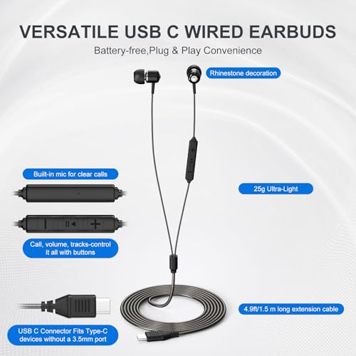Cowyawn USB C Wired Earbuds, USB-C Headphone with Mic, in-Ear USBC Earphone