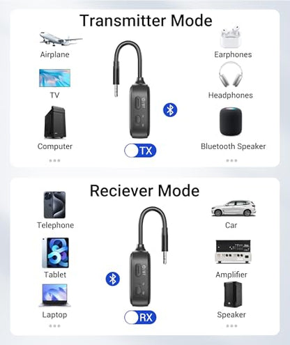 Syntech Airplane Bluetooth Transmitter 5.4 for 2 Headphones, HD Display | Bluetooth adapter with HD display, low latency, dual headphone pairing, 3.5mm AUX for planes, TV and car - color: Black