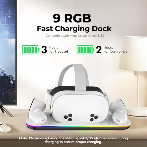 Charging Dock Compatible with Meta Quest 3/3S, Magnetic Fast Charging | Closable 9 RGB Modes, 2 Rechargeable Batteries, With USB-C Cable & Adapter, Compatible with VR Headset Controller Accessories