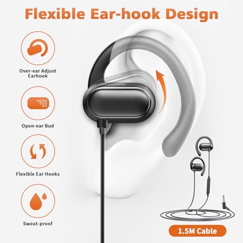 ACANDYA 3.5mm Wired Earbuds Open Ear Headphones Sport Headset with Mic | Over Ear Earphones for iPod/MP3 Laptop for Android Airplane School Students Running Exercise Gym Workout Black