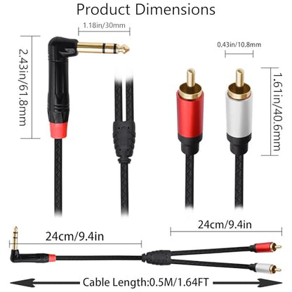 1/4 6.35mm TRS to 2 RCA Audio Splitter Cable Adapter 0.5M | Stereo Y Cable,Angle 6.35mm to Dual RCA Male,for CD/DVDs Speakers Amplifiers