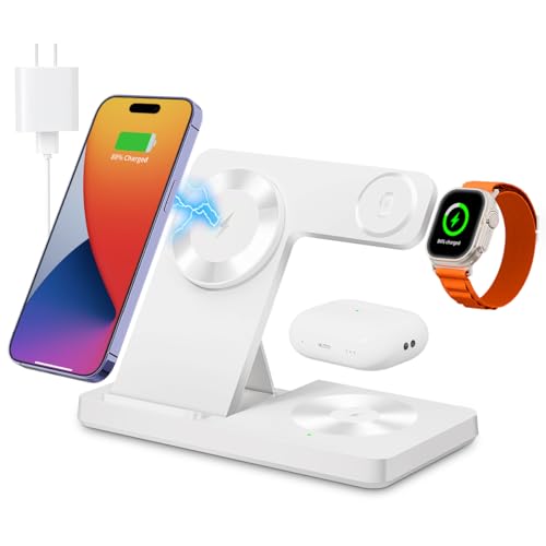 Magnetic 3 in 1 Wireless Charging Station for iPhone 12-17 Series, Charging Station for Multiple Devices, Mag Safe Wireless Charger Stand for Apple Watch Series/Ultra/SE & AirPods 4/3/2/Pro - color: white