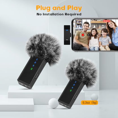 2 Pack Wireless Lavalier Microphone for iPhone iPad, Lightning Plug Play Lapel Mic with Charging Case, Noise Cancellation 100FT Range 54H Battery for Live Stream Vlog TikTok