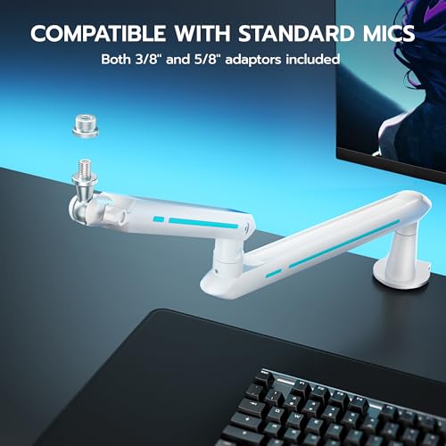ARES WING Aluminum Low Profile Mic Arm with 4.4 lbs Load Capacity, White | Adjustable Microphone Boom Arm with 3/8” to 5/8” Screw Adapter, Desk Mount Mic Stand for Gaming Streaming Podcasting - color: White