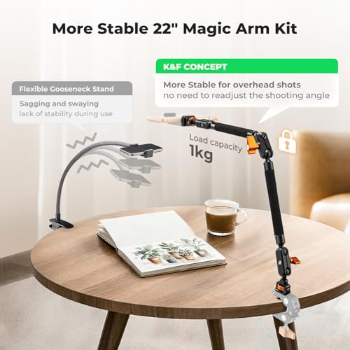 K&F CONCEPT 22" Magic Arm, Overhead Desk Camera Arm Mount, Long Articulating Friction Boom Arm for Phone, Action Camera, LED Light, Microphone