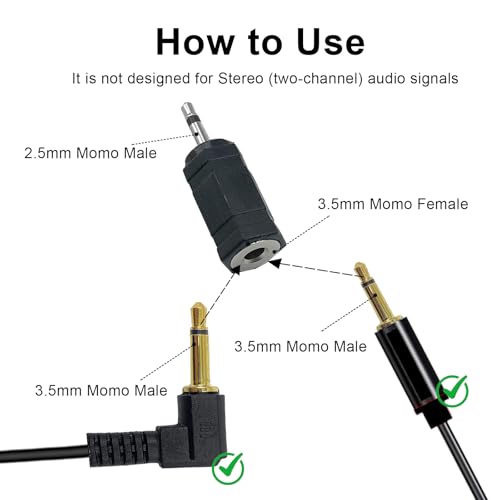 2.5mm Male Mono to 3.5mm Female Mono Adapter 2 Pack | for Microphone Headphones Speakers Mobile Devices, Black
