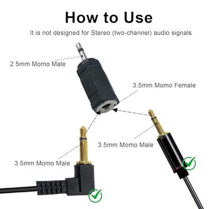 2.5mm Male Mono to 3.5mm Female Mono Adapter 2 Pack | for Microphone Headphones Speakers Mobile Devices, Black