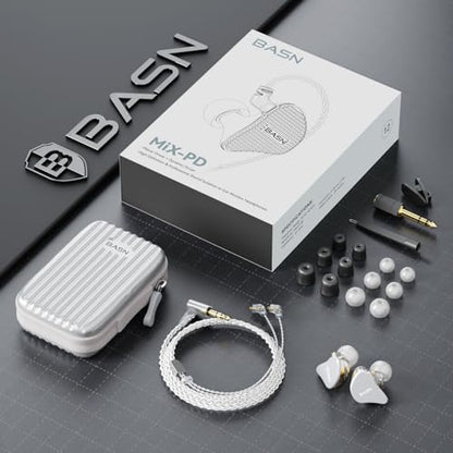 BASN Mix-PD in Ear Monitor,Planar Driver+Dynamic Driver 2-Pin Cable,Silver | Two Mixed Drivers IEM with CNC Crafted Metal Cover, Wired Detachable 0.78mm 2-Pin Silver Plated OFC Cable for Musicians - color: Silver