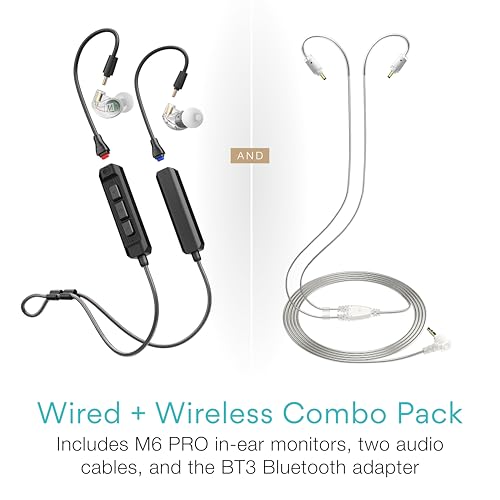 MEE audio M6 PRO Musicians' In-Ear Monitors Wired + Wireless Combo Pack: Includes IEMs, 2 Audio Cables and BT3 Hi-Res Bluetooth Audio Adapter w/aptX, LDAC, Auracast Support, & Built-In Headset (Clear) - color: Clear, style: IEMs + Bluetooth Adapter