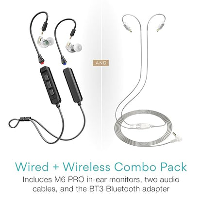 MEE audio M6 PRO Musicians' In-Ear Monitors Wired + Wireless Combo Pack: Includes IEMs, 2 Audio Cables and BT3 Hi-Res Bluetooth Audio Adapter w/aptX, LDAC, Auracast Support, & Built-In Headset (Clear) - color: Clear, style: IEMs + Bluetooth Adapter