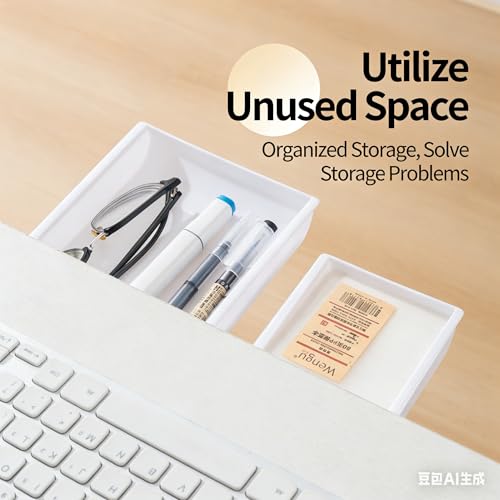 Under Desk Drawer Organizer – Self-Adhesive Hidden Storage Tray for Office & Home, Large Capacity, No Drilling, Available in White & Black - color: White