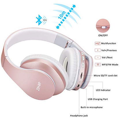 ZIHNIC Bluetooth Headphones Over-Ear, Foldable Wireless and Wired Stereo Headset Micro SD/TF, FM for Cell Phone,PC,Soft Earmuffs &Light Weight for Prolonged Wearing(Rose Gold) - color: Rose