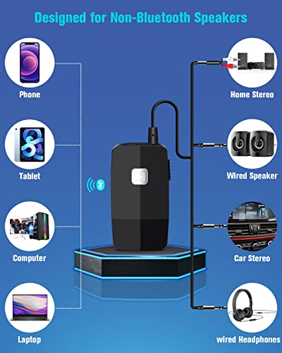 Golvery Bluetooth 5.3 Receiver and Transimtter, Wireless Bluetooth AUX Adapter for TV/PC/CD/MP3/PS4/Home Theater/Speaker w/ 3.5mm AUX and RCA Jack, Low Latency Audio, 2 Devices Pairing