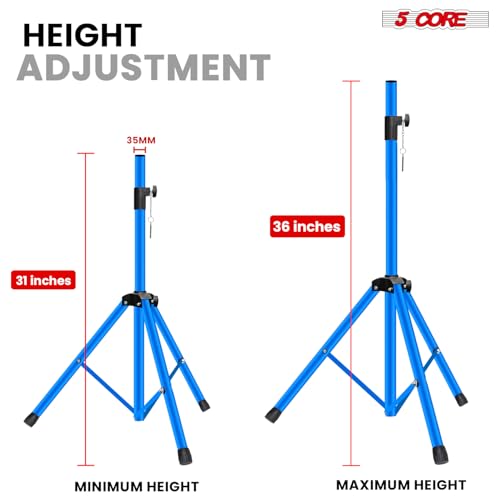 5 Core Speaker Stand Universal Mount Steel Alloy Construction 132 Lbs Capcity Stable Tripod w/Adjustable Height 36” w 35mm Compatible Insert Metal Safety Pin Blue