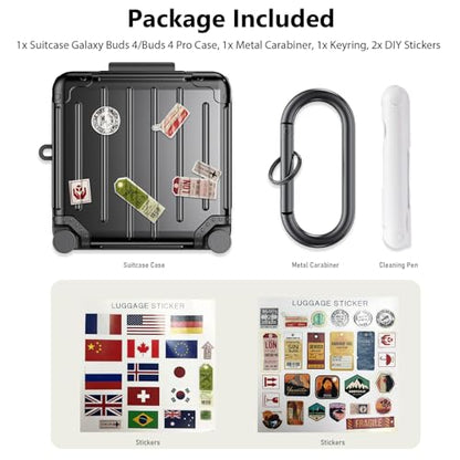 KOREDA Compatible with Samsung Galaxy Buds 4 Case/Buds 4 Pro Case Cover, Cute Funny Suitcase Design Case for Galaxy Buds 4 Pro, Fashion Protective Hard Case for Women Men with Keychain (Black) - color: Black