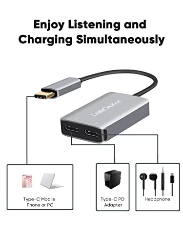 CableCreation USB Type C Splitter,2-in-1 USB C Audio Adapter and PD Charger | Type C Aux Dongle Compatible with iPad, MacBook, iPhone 16 15 Pro Max Plus, Galaxy S24/S23/S22+, Pixel 9/8/7+, Grey - style: USB C+USB C Audio (with tail)