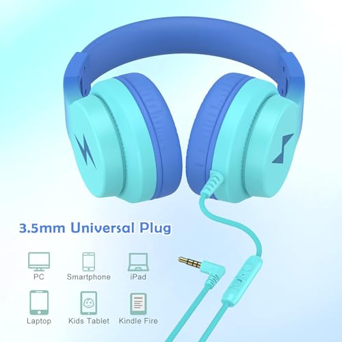 Candy Bila Wired Kids Headphones for School, Over-Ear for Boys Girls | Volume Limiter 85/94dB, HD Stereo Sound, Microphone and Wired Control, Foldable Design - color: Gradient Blue, Gradient Purple