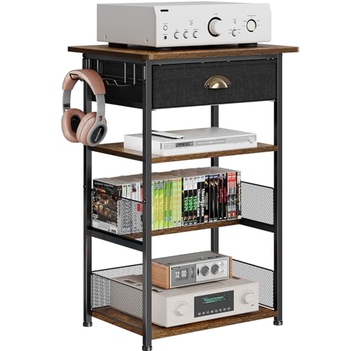 Hongtamoya 4-Tier AV Media Stand with Drawer, Gaming Console Shelf | Audio Rack Tower with 2 Hooks for PS5, Xbox, Switch, DVD Player, Record Player, Projector and TV Accessories Storage