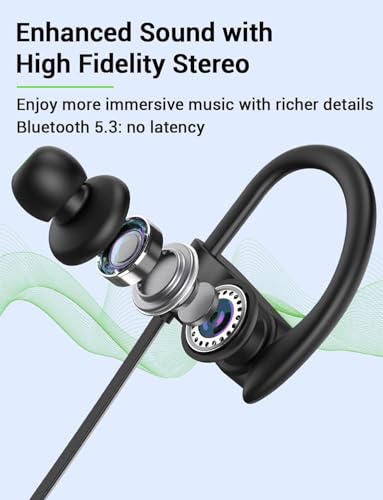Bluetooth 5.3 Headphones, Wireless Sports In-Ear Earbuds IPX7 Waterproof | 16 Hours Playtime, Sweatproof Stereo Earphones with MIC, Noise Cancelling Headsets for Gym Running Workout, Clear Sound - color: Black