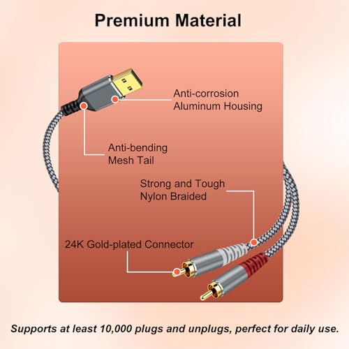 Compatible with USB to RCA Audio Cable,16FT USB to 2RCA Male Stereo Y Splitter Adapter for USB A Laptop, Linux, Windows, Desktops, PS4 and Amplifiers, Home Theater, Speaker, Grey - size: 16FT