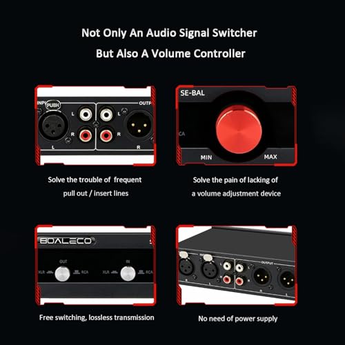 BOALECO HiFi 2-IN-2-OUT XLR Balanced/RCA Audio Selector Splitter Box,Silver | Lossless XLR Balanced & RCA Audio Switcher Stereo Fully Balanced Passive Preamp Volume Controller for Multi-Device Switching