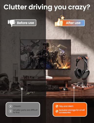 LOXP Wooden Headphone Holder, Solid Stand with Non-Slip and Storage Base | Anti-Rust Gravity Arm, Hardwood Earphone Hanger for Desk, Universal Fit for Gaming Headsets, Studio Headphones