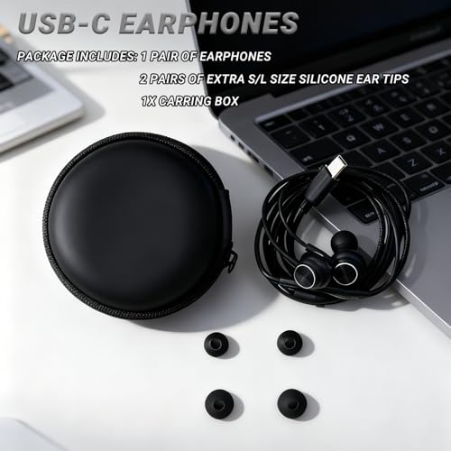 USB-C Headphone for Samsung S26 S25 FE S24 A16 A17 Wired Earbuds Magnetic in-Ear Type C Earphone with Microphone Volume Control Bass Stereo Noise Canceling for iPhone 17 Pro Max 16 16e 15 Pixel 10a 9a