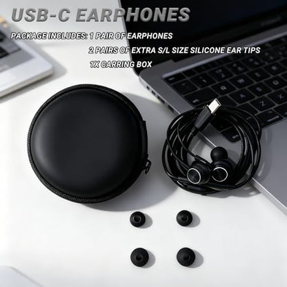 USB-C Headphone for Samsung S26 S25 FE S24 A16 A17 Wired Earbuds Magnetic in-Ear Type C Earphone with Microphone Volume Control Bass Stereo Noise Canceling for iPhone 17 Pro Max 16 16e 15 Pixel 10a 9a