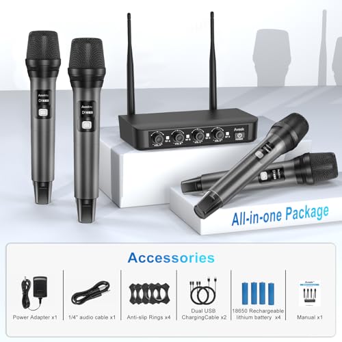 Aveek Wireless Microphone System 4 Pack, 262FT Long Range Low Latency Mics | 40H Rechargeable Battery, Stable Signal, Studio Sound, Handheld Karaoke Mics for Singing, Church, Speech, Wedding, Home Party