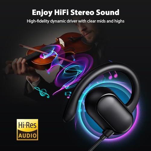 iMangoo 3.5mm Earbuds Wired Over Ear Buds with Microphone 5FT Cord Black | 3.5 mm Aux Jack Plug in Headphones Earhook Corded Earphone for Kids Women Airplane Travel School Gym Workout Running Sport