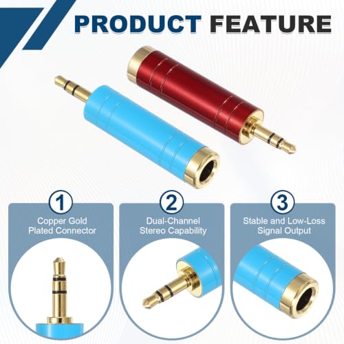 MECCANIXITY 2Pcs TRS 3.5mm Male to 6.35mm Female Stereo Headphone Adapter, 1/8" Plug to 1/4" Jack Pure Copper Audio Converter Gold Plated for Guitars Speakers Laptops, Blue/Red - color: Blue/Red