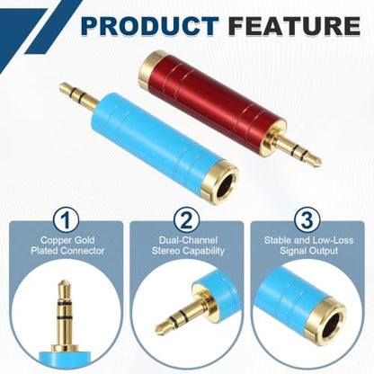 MECCANIXITY 2Pcs TRS 3.5mm Male to 6.35mm Female Stereo Headphone Adapter, 1/8" Plug to 1/4" Jack Pure Copper Audio Converter Gold Plated for Guitars Speakers Laptops, Blue/Red - color: Blue/Red
