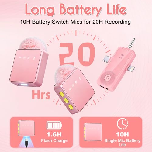 Mini Wireless Microphone for iPhone/Android/Camera, Noise Reduction - color: Pink