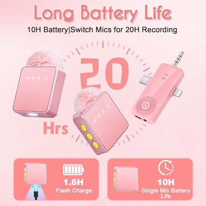 Mini Wireless Microphone for iPhone/Android/Camera, Noise Reduction - color: Pink