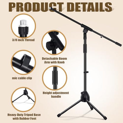 Tellegloww 4 Pcs Microphone Stand Tripod Boom Arm Floor Podium Studio Mic Stand Adjustable Height 75 Inches, Extends Arm to 27 Inches Comes with 3/8 Inch and 5/8 Inch Mount Adapters for Singing