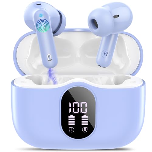 Wireless Earbuds, Bluetooth 5.4 Headphones Bass Stereo, Ear Buds with Noise Cancelling Mic, IP7 Waterproof in Ear Earphones, 36H LED Display Bluetooth Earbuds for Laptop Pad Phones Sports, Pale Blue | Ear Buds with Noise Cancelling Mic LED Display, 36H, I