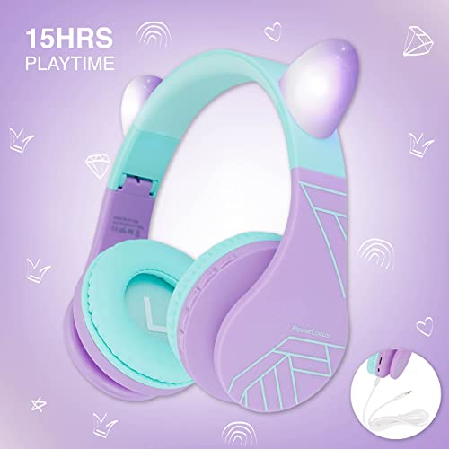PowerLocus Bluetooth Headphones for Kids, Wireless Foldable Headphones Over Ear, Headphone with Microphone, 85DB Volume Limit, Wireless and Wired Headset with Micro SD, FM for Cellphones, Tablets, PC - color: Teal/Purple Cat Ears
