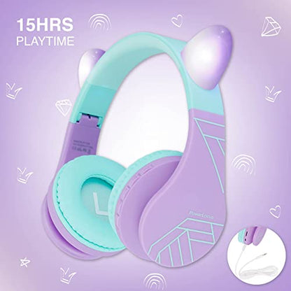 PowerLocus Bluetooth Headphones for Kids, Wireless Foldable Headphones Over Ear, Headphone with Microphone, 85DB Volume Limit, Wireless and Wired Headset with Micro SD, FM for Cellphones, Tablets, PC - color: Teal/Purple Cat Ears