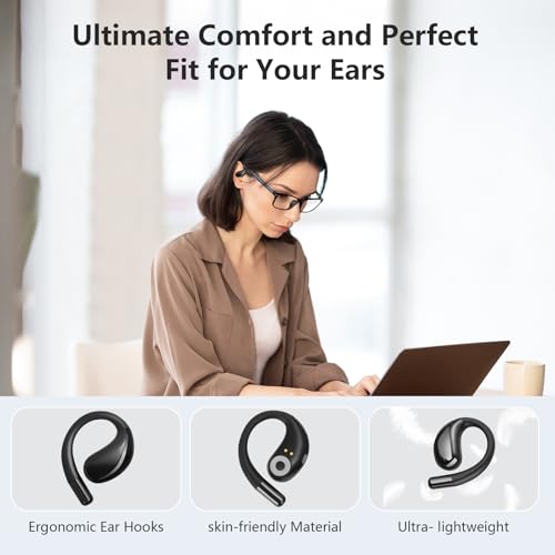 Open Ear Clip Wireless Earbuds Bone Conduction Headphones, Bluetooth 5.4, Conduction Headphones with 60H Playtime Touch Control Ultra-Comfort, Built-in Mic,Open Ear Design for Running Fitness,office