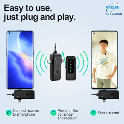 ENO MUSIC 3 in 1 Clip-on Wireless Lavalier Microphones for iPhone, Android, Camera, 8 Hours Rechargeable Battery, USB-C Microphone with Noise Reduction for Video Recording, Vlog, YouTube, TikTok